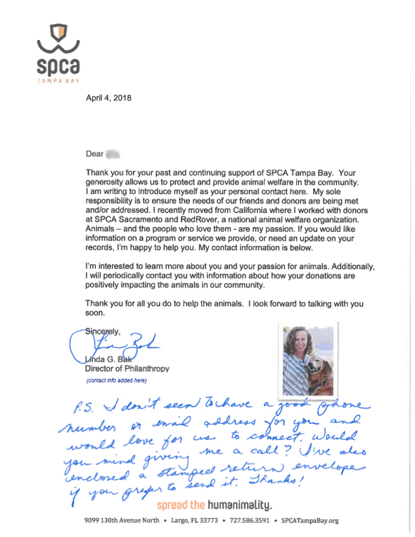 SPCA letter asking donor to call