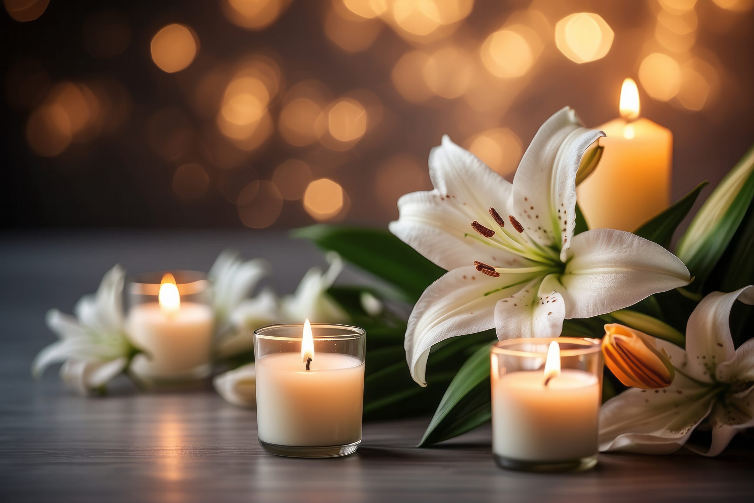 Beautiful lilies and burning candle on light blurred background. [From the Front Lines: What Do You Do With an "In Memory Of" Major Gift?]