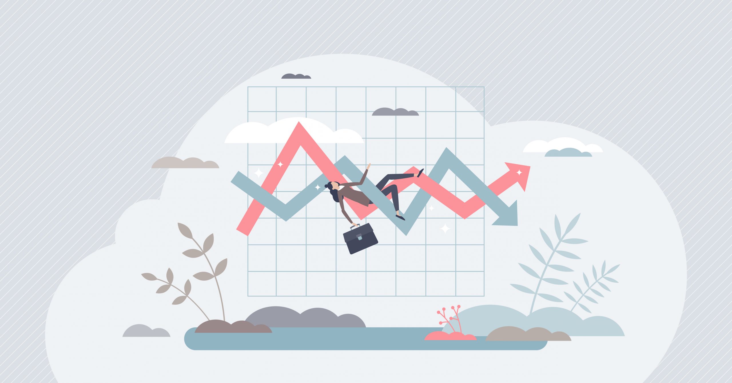 An illustration of a fundraiser caught in a line graph with zig-zag lines representing economic recession or uncertainty.