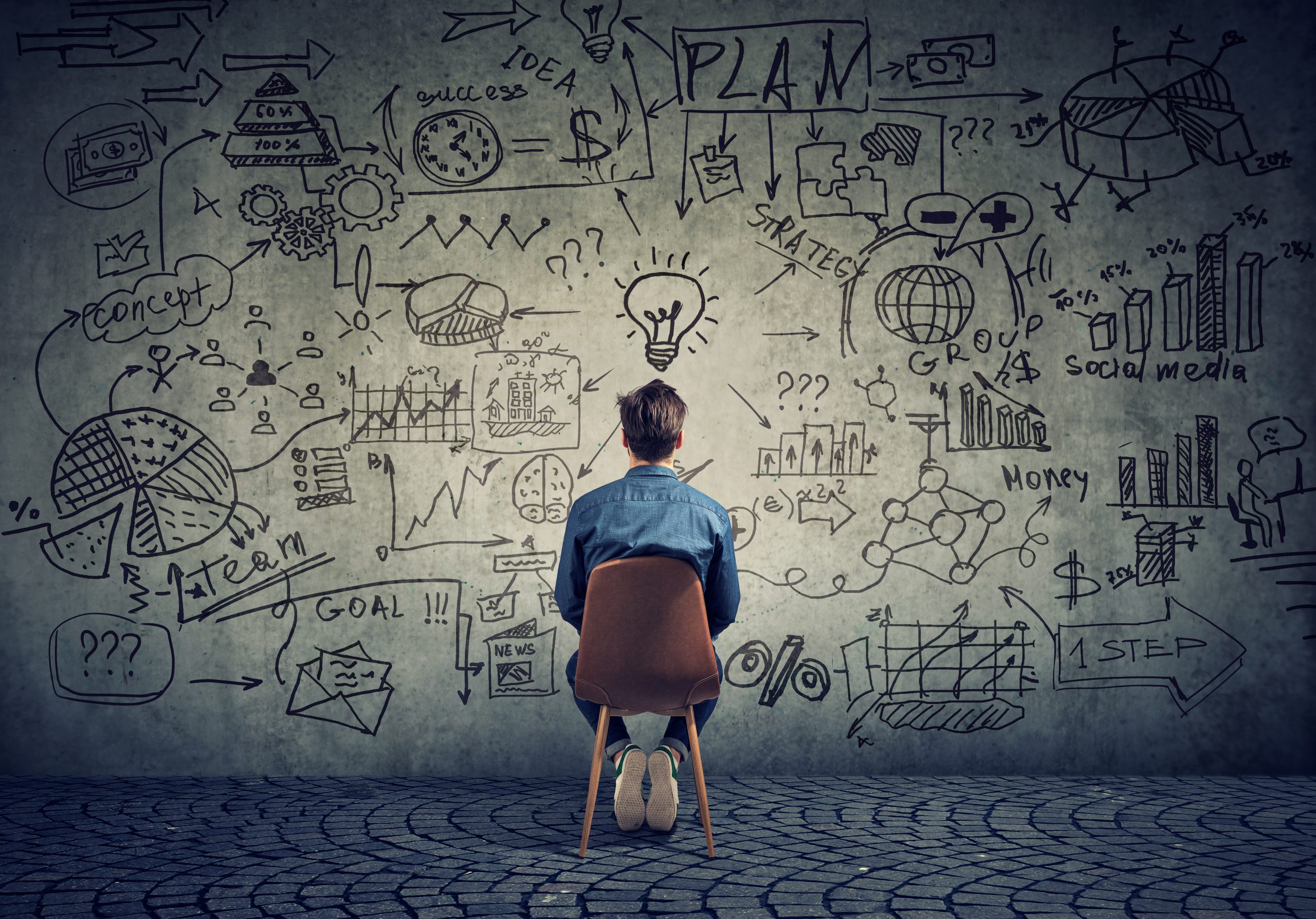 A man sits in a chair facing a wall covered in drawings of ideas that are missing the science of fundraising.