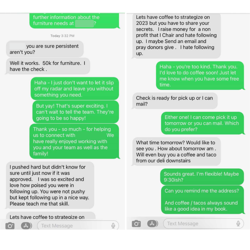 A text conversation in which the fundraiser follows up with the donor family's attorney who confirms that a gift for $50k has been approved, and he commends the fundraiser for her polite persistence.