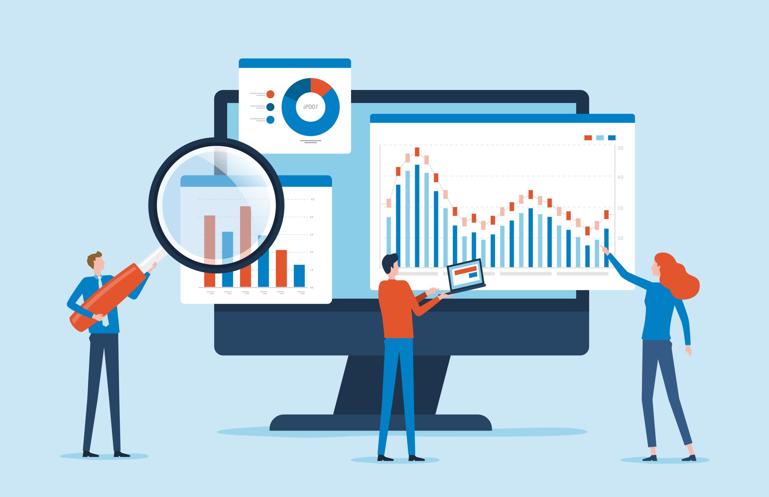 A graphic image of people pointing at charts [Dissatisfied Donors Drive Drop in Giving]