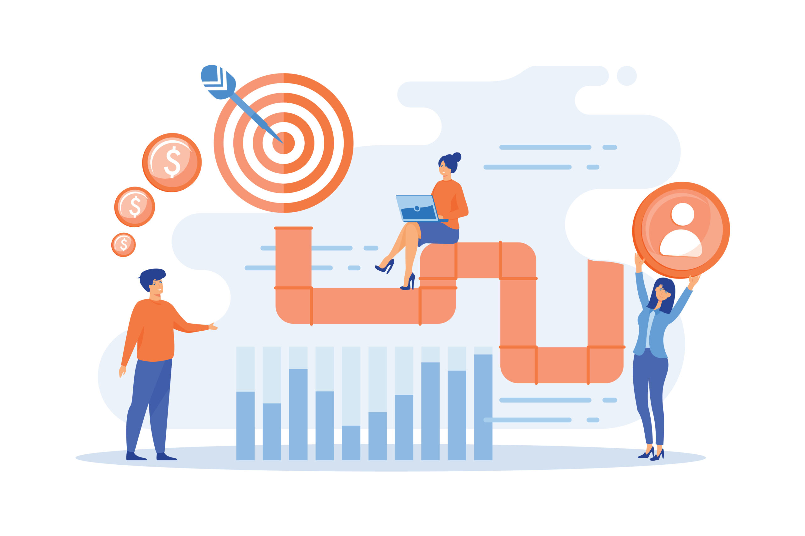 Vector image of donor pipeline, graphs, and bullseye target. [Eight Ways to Build a Strong Donor Pipeline]