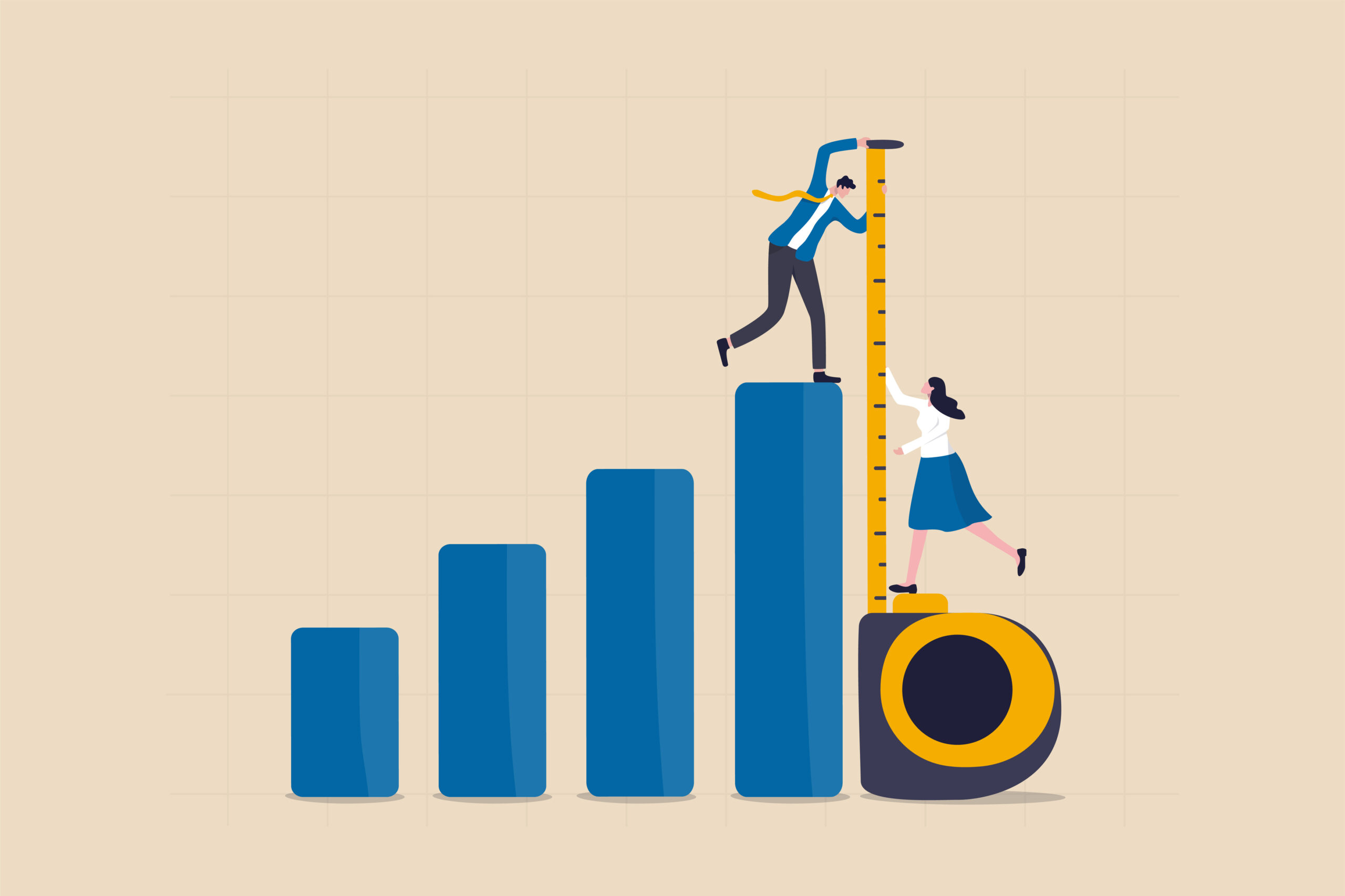 An illustration of two fundraisers standing on a life-size chart and measuring tape [Measure Something Meaningful]